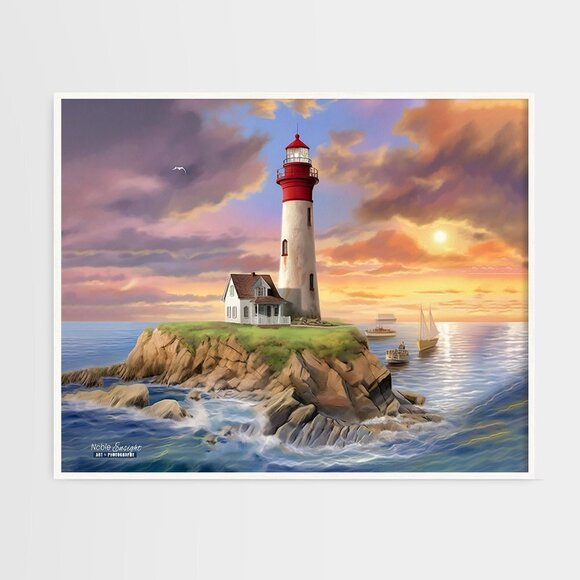 Lighthouse Majestic‎ Landscape Scene Watercolor Oil Painting Poster - Picture 1 of 8